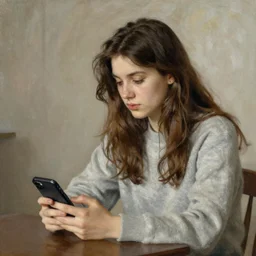 a young beautiful lady is sitting at the table using her iphone, in style of Valentin Serov