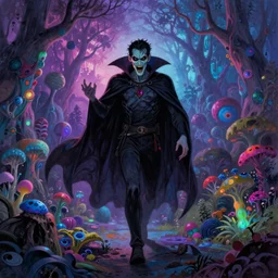 Vampire traveling through a beautiful psychedelic world, horror, illustrated by Mark Brooks, masterpiece, vibrant colors, trending on artstation