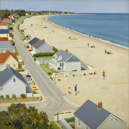 Aerial view of a typical 1960s suburban family at the beach, painting by David Hockney, 1968