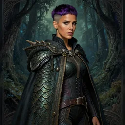 portrait jessica alba, adventurer outfit large cloak, fantasy forest landscape, dragon scales, fantasy magic, undercut hairstyle, short purple black fade hair, dark light night, intricate, elegant, sharp focus, illustration, highly detailed, digital painting, concept art, matte, art by wlop and artgerm and greg rutkowski and alphonse mucha, masterpiece