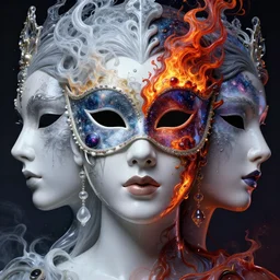 3 d goddess's face portrait, face in the center. beautiful glossy intricate highly detailed venetian mask. ice, milk, lava, flame, galaxy, artwork by tooth wu and wlop and beeple and greg rutkowski, 8 k trending on artstation, volumetric lighting