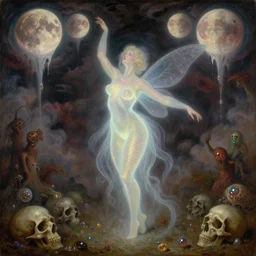 concept art of translucent glowing curvy buxom fairy dancing, lovecraftian, surrealism, renaissance, melting, round moons, rich clouds, fighting the horrors of the unknown, very detailed, volumetric light, mist, fine art, decaying, textured oil over canvas, epic fantasy art, very colorful, ornate intricate scales, floor of skulls, fractal gems