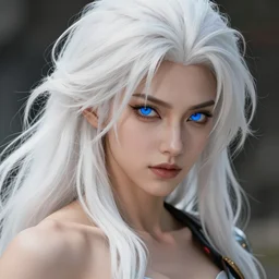 close - up headshot portrait of a gorgeous anime barbarian woman, white long messy hair and blue eyes, highly detailed, muscular, very beautiful face, digital art, pixiv fanbox, trending on artstation, ray tracing, volumetric lighting, sharp focus, hq, by greg rutkowski, artgerm, ross tran, miyazaki hayao