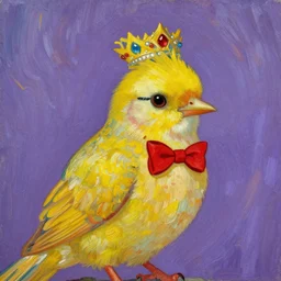 an elegant yellow bird with a red bow tie and a crown, painting by vincent van gogh, purple background neoclassical, high quality, detailed, 4k
