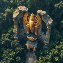 aerial photo of a sculpture made of gold in the jungle, beautiful great arches and detail, architecture carved for a titan
