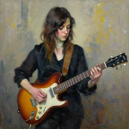 Anna Calvi playing electric guitar, oil painting by Lucian Freud