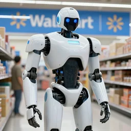 Amazing photorealistic digital concept art of a guardian robot in a Wal-Mart, by James Clyne and Joseph Cross. Cinematic. LED lighting. A bright billowing explosion in the distance. Wide angle. Clean lines.  Balanced composition.
