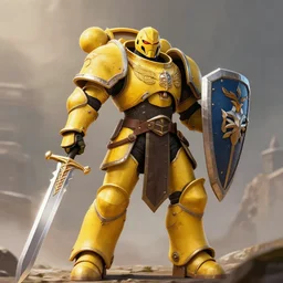 dynamic portrait of a warforged character in yellow armor holding a paladin engraved longsword and carrying a big shield, epic , trending on ArtStation, cinematic lighting, by Greg Rutkowski and Jesper Ejsing