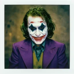 jim carrey as the joker from the dark knight rises movie by lee jeffries and jeff legg, creepy smile, green hair, purple suit, polaroid, 3 3 mm, professional color, graded