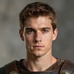 cinematic artwork of a caucasian warrior in his twenties with brown hair, brown eyes and a small chin looking solemn as he surrounded by an enemy army by greg rutowski, 4 k, masterpiece, sun rays
