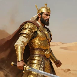 hyper - realistic side view painting of the king of the desert, angry, gold armor, sword, dramatic lighting, intricate, wild, highly detailed, digital painting, artstation, concept art, smooth, sharp focus, illustration