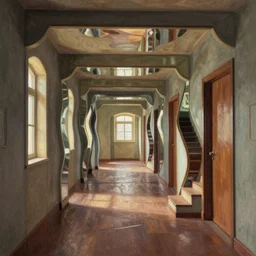 model, hallways and stairwells and mirrors, warped dperceptions, similar to relativity by m. c. escher