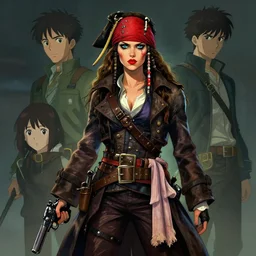 female pirate with trench coat, red makeup, holding pistol, behance hd artstation, style of jesper ejsing, by rhads, makoto shinkai and lois van baarle, ilya kuvshinov, ossdraws
