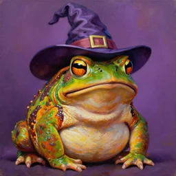hyper realistic oil painting of a fat toad in a wizard hat, vibrant colors, high contrast, by greg rutkowski, trending on artstation