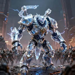 opal by jakub rozalski, chaos golem still frame from warhammer movie, nuclear crystal construct by wayne barlowe, crystal golem fighting vast army by jakub rozalski, opal lightning elemental by benicio del toro