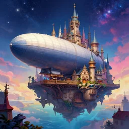 airship docked at a floating victorian era city, dnd high fantasy epic illustration, colorful, vibrant, starry sky, reminiscent of bioshock infinite, 4 k, trending on rtstation