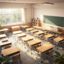 videogame screenshot of a very bright campus classroom, octane render, volumetric lighting, raytracing, wide shot high angle,