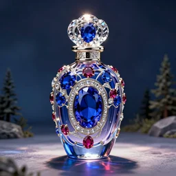 A beautiful perfume bottle designed by a master glass and jewelry designer. Created by nanotechnology. Utopia theme. Cobalt, Sapphire, Ruby, Topaz, diamond