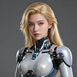 a beautiful woman with blonde hair wearing robot suit with wires and light, highly detailed, photorealistic, artstation, smooth