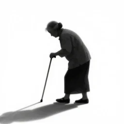 shadow illustration on white screen of an old woman walking bent over with a cane, backlit, shadows, soft shadows, - w 7 6 8
