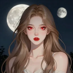 long hair, red eyes, portrait, girl, two moon night background, night, high detail, concept art, digital art, illustration, smooth, sharp focus, greg rutkowski, alphonse mucha, trending on artstation, trending on deviantart,
