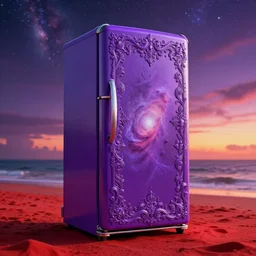purple refrigerator on red beach, nebula sunset, digital art, cosmic, 3 d high definition, trending on art station, photorealistic, high resolution, 8 k, octane, hyper detailed, insane details, intricate, elite, ornate, elegant trend, highly detailed and intricate, sharp focus, photography, unreal engine