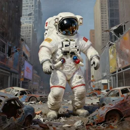 rembrandt!! oil painting style!!! american white spacesuit chubby astronaut in giant postapocalyptic abandoned destroyed times square, wrecked buildings, destroyed flipped wrecked cars