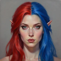 A detailed matte oil on canvas head on symmetrical portrait of a distinguished elven woman with half red and half blue hair (((((makeup))))) by Charlie bowater and lise deharme wlop, trending on artstationhd,  dungeons and dragons art, critical role, split hair dye, half and half dye, two tone dye