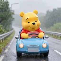 winnie the pooh driving a car down a motorway while it's raining heavily.