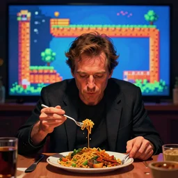 bob odenkirk eating dinner gameplay still frame, 4 colors, pixel art, retro, splash screen, level design, high contrast, background, deep focus, highly detailed, dramatic lighting, digital painting, artstation, concept art, matte, greg rutkowski, moebius, illustration.