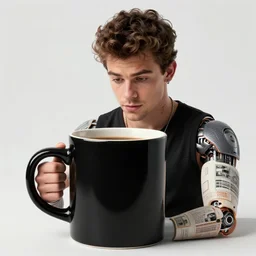 portrait of a ( ( ( black oversizeceramic mug of coffee ) ) ), dotado young handsome joe jonas android looking into the mug, 3 d photorealistic, parts by beksinski, parts by goro fujita, parts by yue minjun, by filip hodas