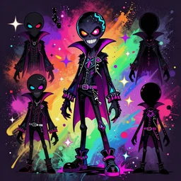 character design sheets for a new sinister vampire squid character, artwork in the style of splatoon from nintendo, art by tim schafer from double fine studios, black light, neon, spray paint, punk outfit, tall thin toothpick like frame adult character, fully clothed, gothic, color explosion, colorful, gothic rainbow, sparkles and glitter, pop art