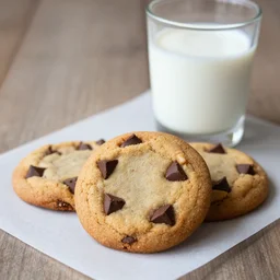 dslr food photograph of chocolate chip cookies with a glass of milk, 8 5 mm f 1. 8