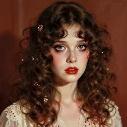 a beautiful but sinister girl in layers of fear, with haunted eyes and curly hair, 1 9 7 0 s, seventies, delicate embellishments, a little blood, crimson, painterly, offset printing technique, mary jane ansell