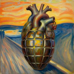 human heart grenade, canvas, oil paint, futurism, detailed, concept art, artwork by edvard munch
