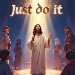 shia labeouf as jesus saying just do it motivational speech, holy rays of spiritual light, worship, pixar style, shaded lighting poster by magali villeneuve, artgerm, jeremy lipkin and michael garmash, rob rey and kentaro miura style, trending on art station