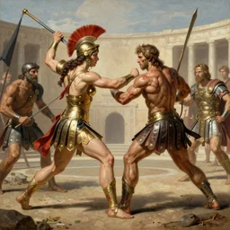 muscular warrior women, spartan warrior women, women fighting men, muscular men, roman warrior men, clashing in gladiatorial arena, roman coliseum, roman emperor watching, art by jacques - louis david