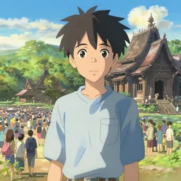 a matte of sukhothai in the sunny day, lovely, high quality realistic human, crowded landscape, japanese anime, volumetric lighting, art by makoto shinkai