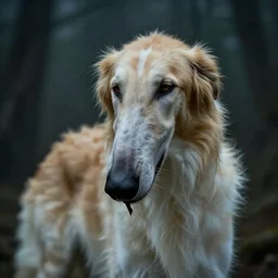 borzoi with an alien facehugger on its nose, photorealistic, fantasy, moody, ultradetail