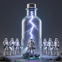 huge lightning storm inside a bottle, a group of stormtroopers scouting the terrain with flashlights on, dark background, volumetric lighting, star wars, unreal engine, ultra detailed, high resolution, by emmanuel shiu