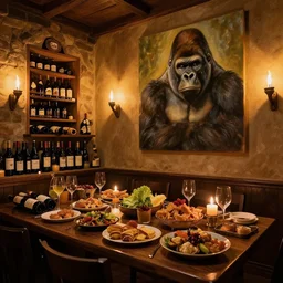 wine cellar full of food, torches on the wall, romantic, inviting, cozy, harambe gorilla, painting Vladimir Volegov