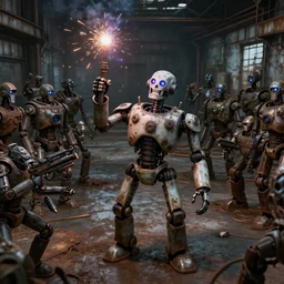 a realistic deranged robot holding a welding torch high, the welding torch is sparking, standing in front of an army of robots inside a huge rusty dingy warehouse, army of robots, raygun gothic, atomic punk, digital art, detailed octane render, high angle