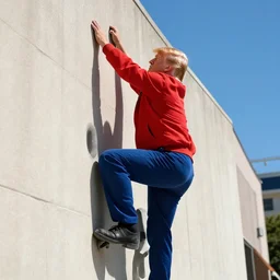color still of donald trump as a mexican man climbing a wall, bright sunny day