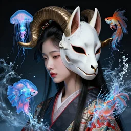 3 d goddess of hell close - up profile portrait with ram skull. beautiful intricately detailed japanese crow kitsune mask and clasical japanese kimono. betta fish, jellyfish phoenix, bio luminescent, plasma, ice, water, wind, creature, artwork by tooth wu and wlop and beeple and greg rutkowski
