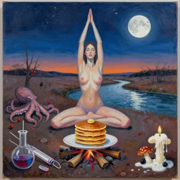 zen, sensual female painting a self - portrait doing yoga, pancakes, camp fire, river, dusk, moonlight, stars, moonscape, barren landscape, berries, octopus, surgical supplies, mushrooms, scientific glassware, fungus, candle dripping white wax, berry juice drips, neoexpressionism, surrealism, acrylic and spray paint and oilstick on canvas