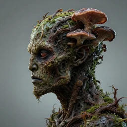 face in profile, a extremely scary horror photograph of a fantasy creature made out of nature and fungus, intricate, hyperrealism, sharp focus, cinematography, highly detailed, octane render, horror cgi 4 k, matte, photograph by professional photographer