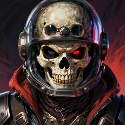 realistic detailed beautiful close up portrait a menacing space pirate with high-tech space helmet shaped like a skull by Anna and Elena Balbusso, akira, ghost in the shell, violent detailed anime, sci-fi, cyberpunk, rich deep vibrant colors