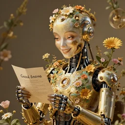 a beautiful intricate fine art portrait photo of a happy mechanical futuristic cybernetic humanoid reading a letter of good news, by tom bagshaw and anna dittman, eyes light up, perfection!, studio lighting, golden ratio composition, 3 5 mm lens, bionic robot overgrown with flowers, cybernetic scifi, deep depth of field, artstation, 8 k