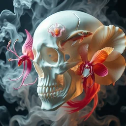 symmetry!! 3 d close - up portrait of the human skull mixed with jellyfish phoenix bird giant orchid flower and giant gladiola betta fish. midsommar style, intricate, elegant, surrounded by smoke and water energy flow. translucent nautilus, highly detailed, by wlop, tooth wu, greg rutkowski, alena aenami