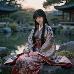 gorgeous japanese princess sitting by the pond in an ancient fantasy garden, long hair, beautiful intricately decorated clothing, natural pose, backlight, dusk, shallow depth of field, fantasy matte painting, coherent composition, karole bak, mohrbacher, hasui kawase, noriyoshi ohrai